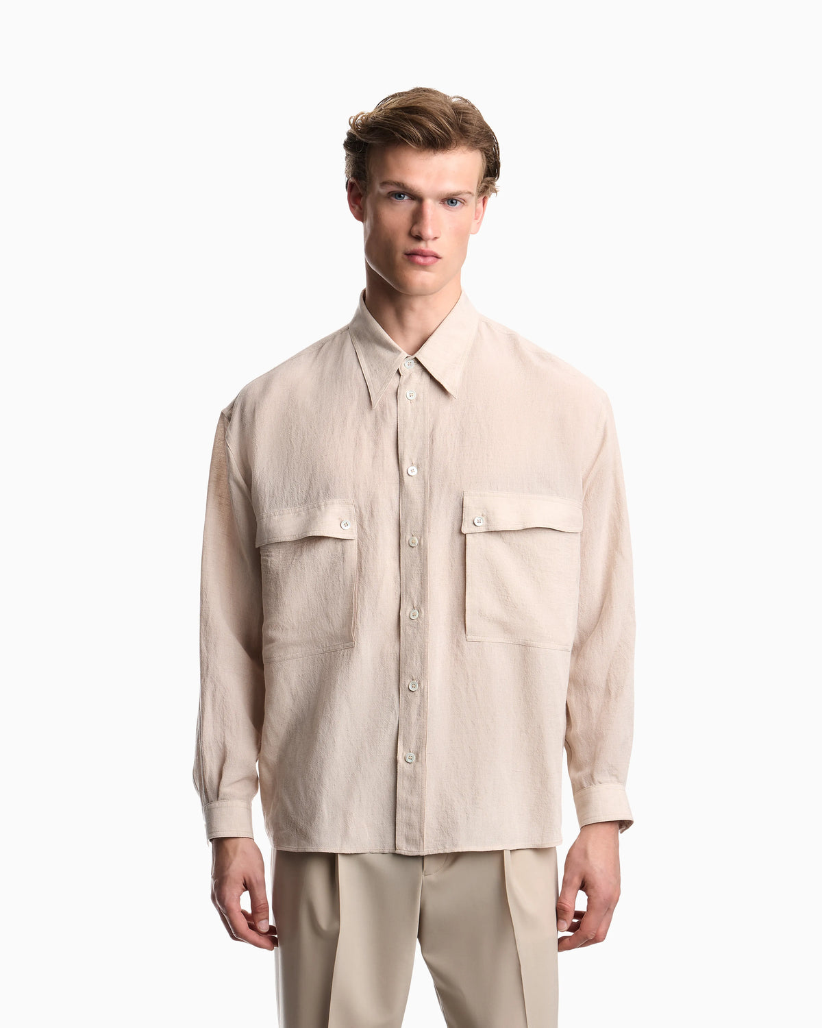 Denim-effect linen-blend shirt