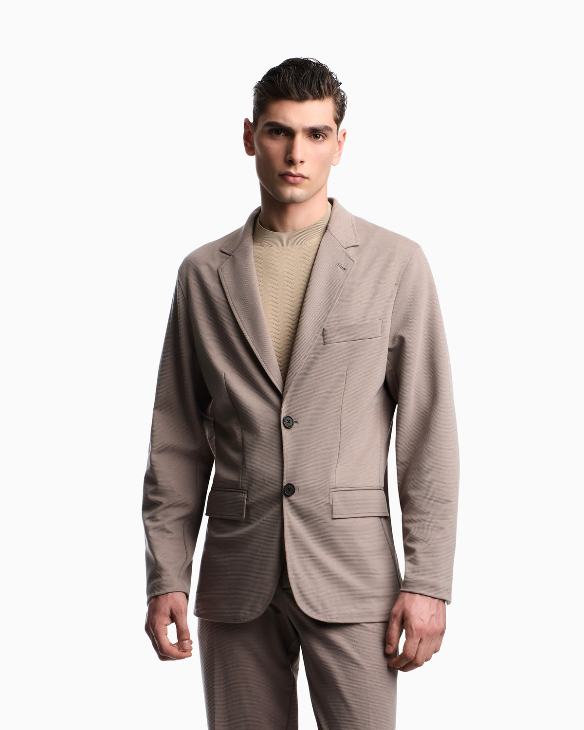Single-breasted jacket in waffle-effect armure fabric