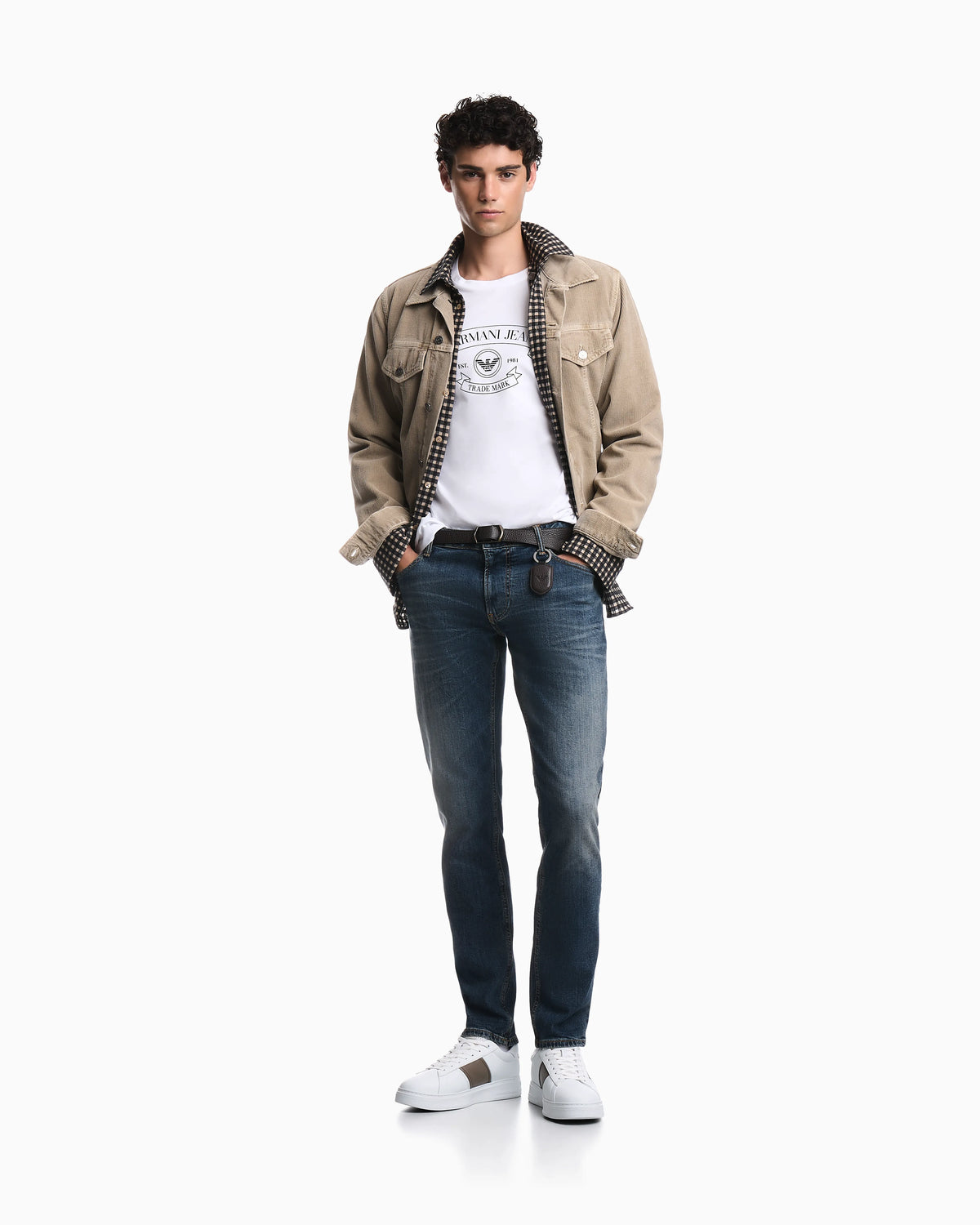 Straight-leg denim jeans with faded wash and whiskering