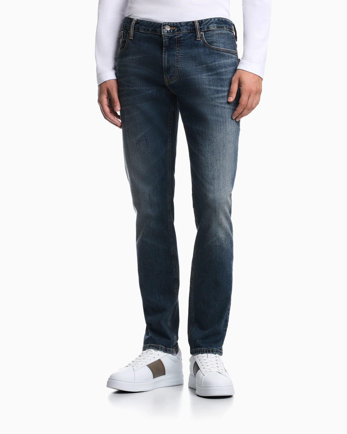 Straight-leg denim jeans with faded wash and whiskering