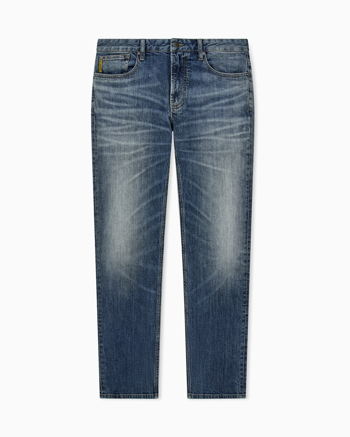 Straight-leg denim jeans with faded wash and whiskering