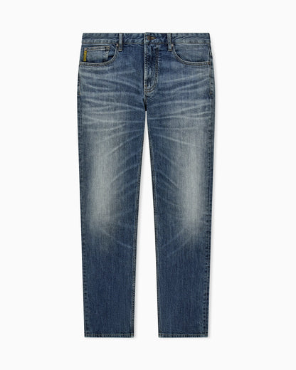 Straight-leg denim jeans with faded wash and whiskering