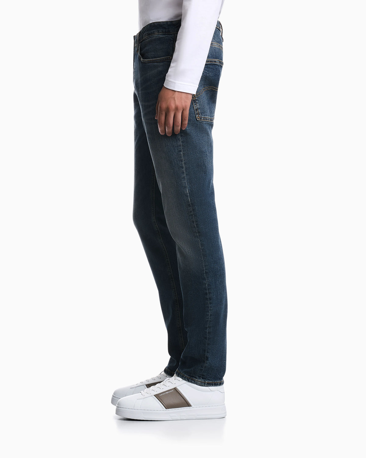 Straight-leg denim jeans with faded wash and whiskering