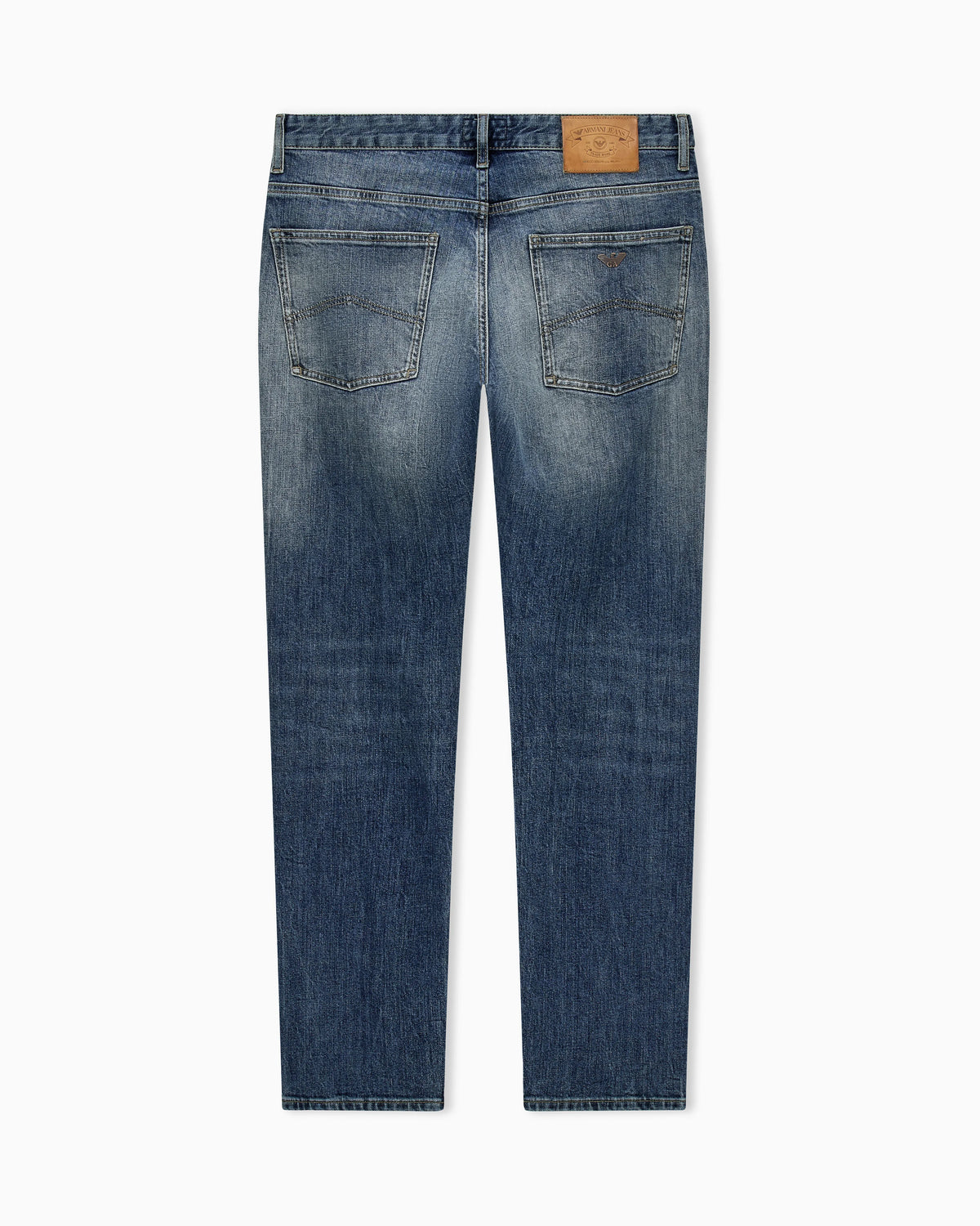 Straight-leg denim jeans with faded wash and whiskering