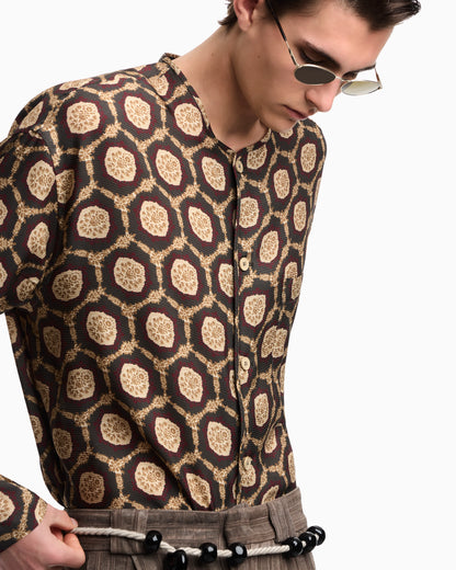 Silk shirt jacket with all-over print