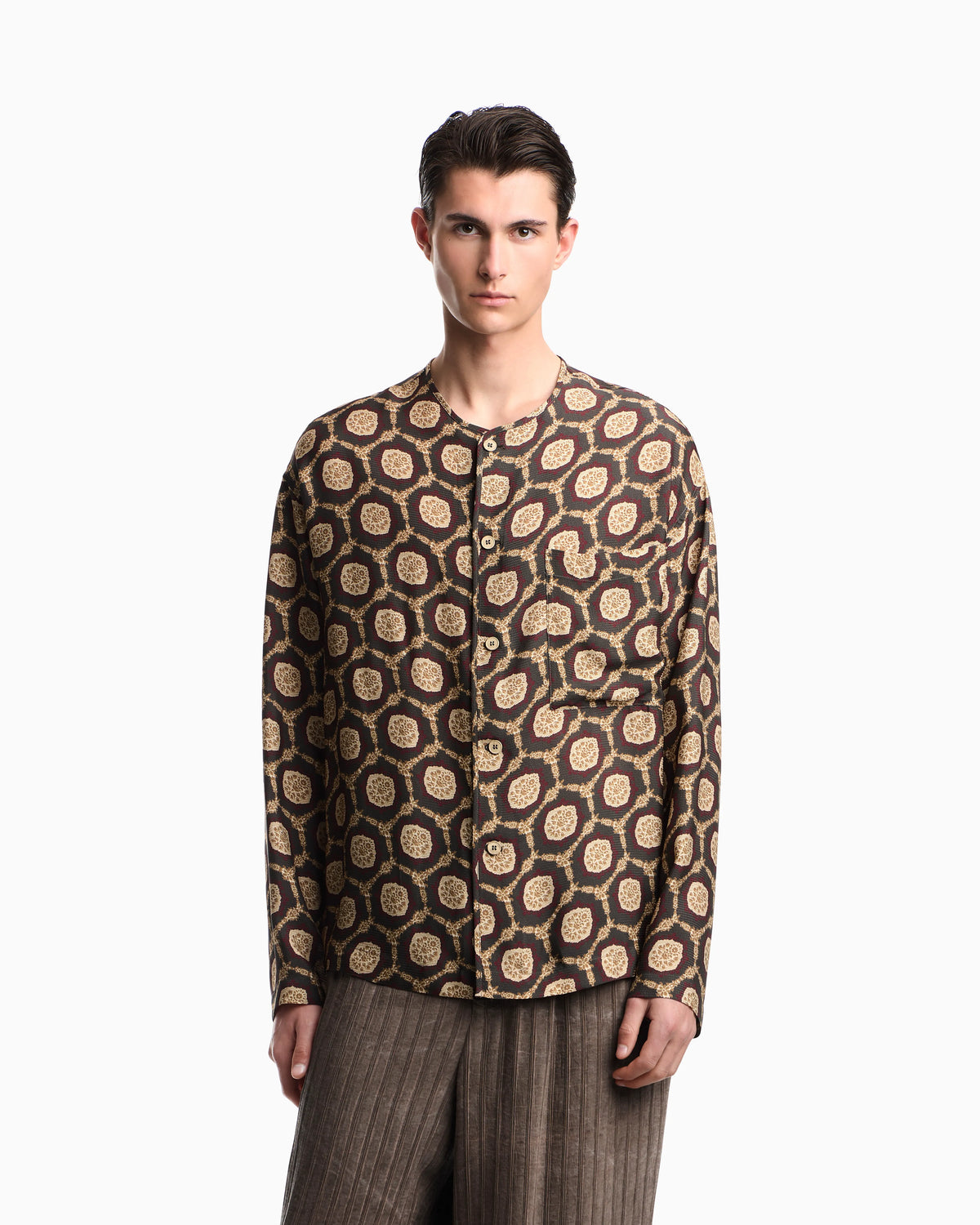Silk shirt jacket with all-over print