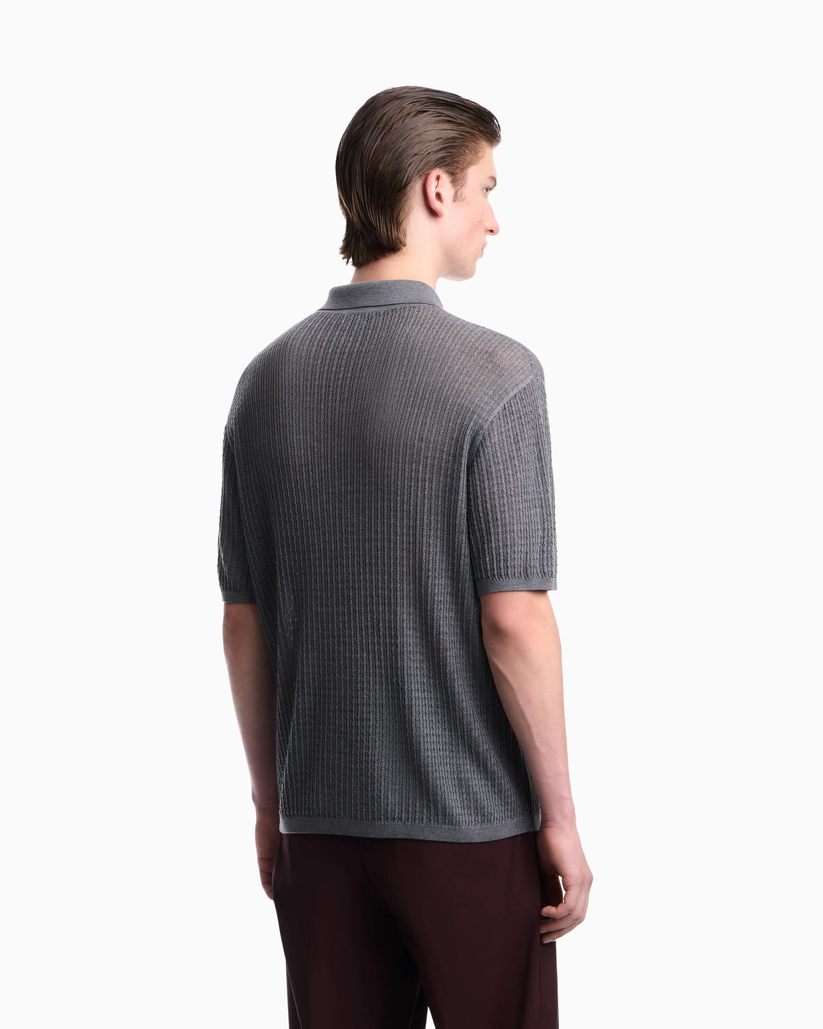 Polo collar sweater in wool and lyocell blend with patterned knit