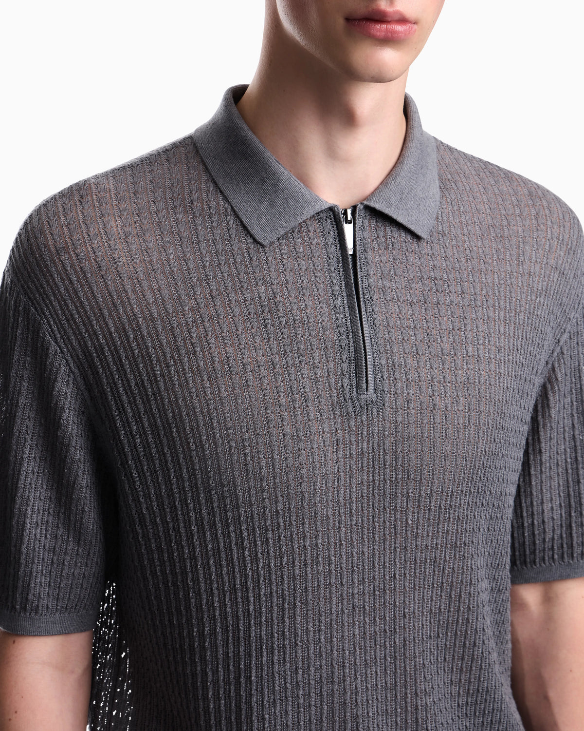 Polo collar sweater in wool and lyocell blend with patterned knit