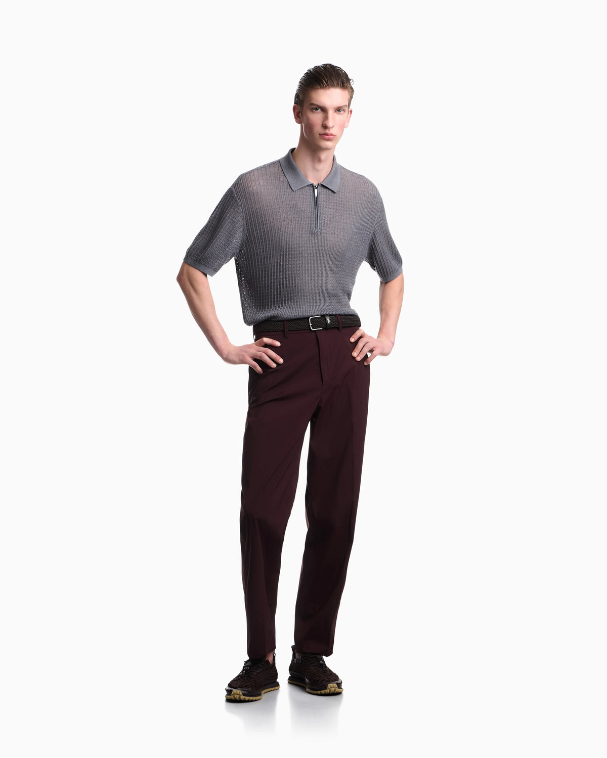 Polo collar sweater in wool and lyocell blend with patterned knit