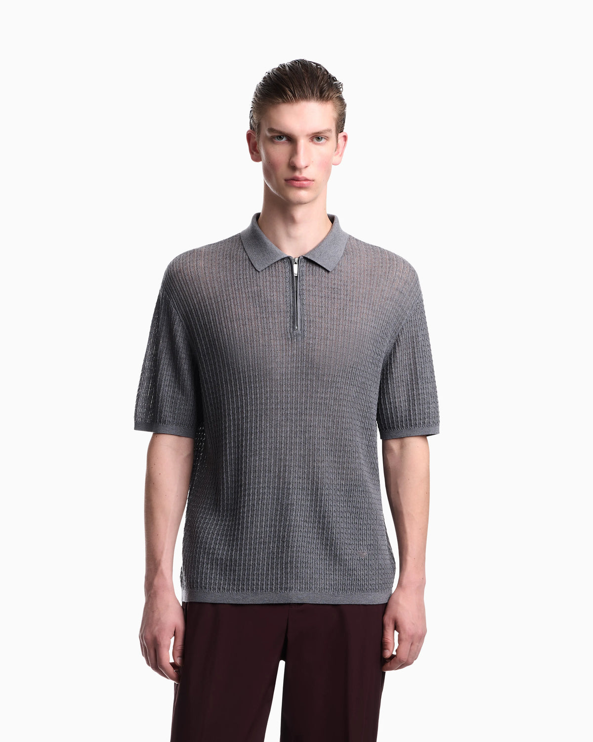 Polo collar sweater in wool and lyocell blend with patterned knit