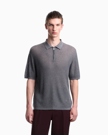 Polo collar sweater in wool and lyocell blend with patterned knit