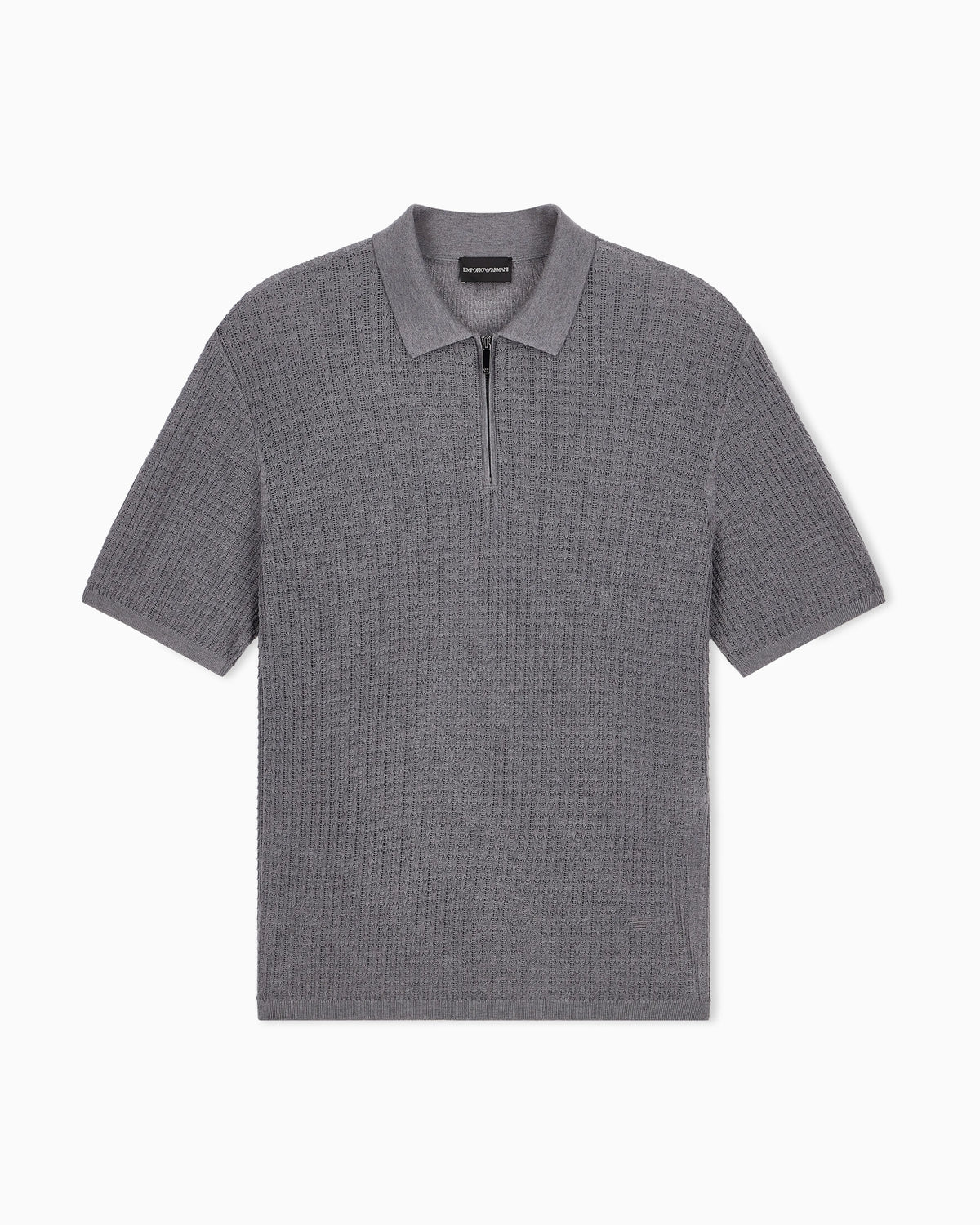 Polo collar sweater in wool and lyocell blend with patterned knit
