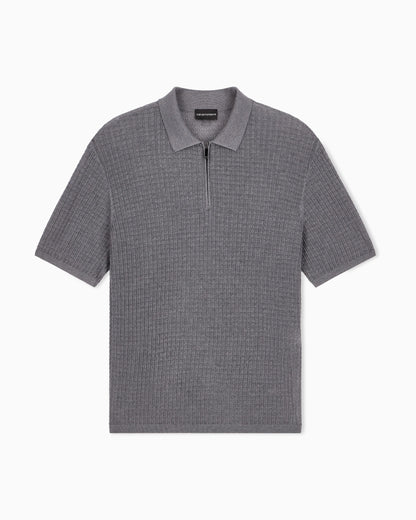 Polo collar sweater in wool and lyocell blend with patterned knit