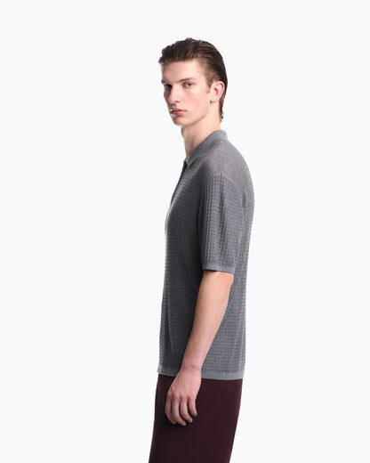 Polo collar sweater in wool and lyocell blend with patterned knit