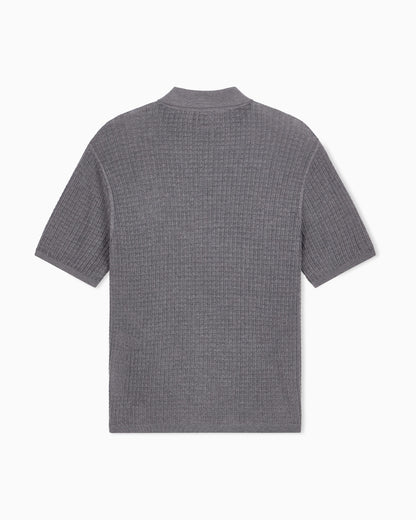 Polo collar sweater in wool and lyocell blend with patterned knit