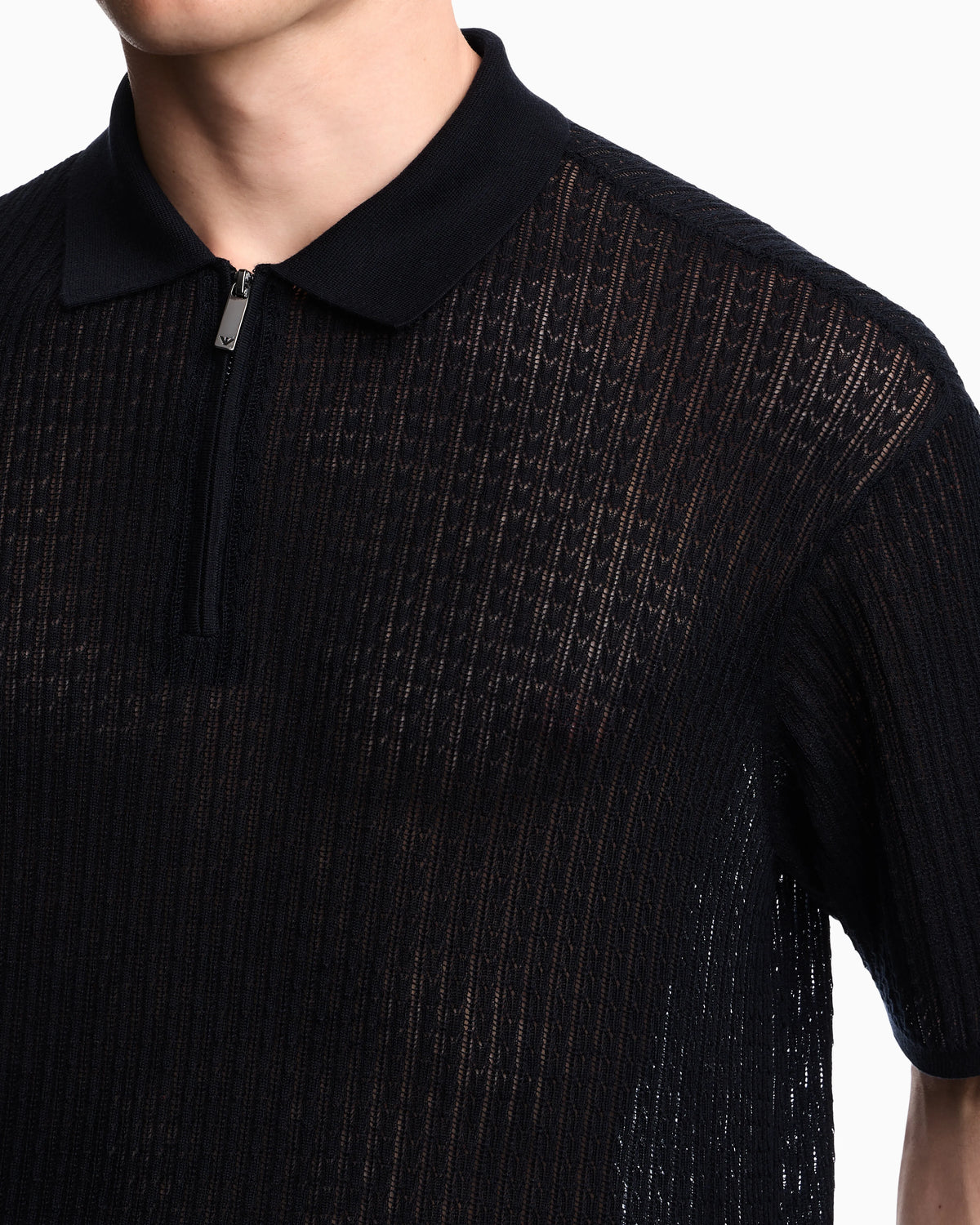 Polo collar sweater in wool and lyocell blend with patterned knit