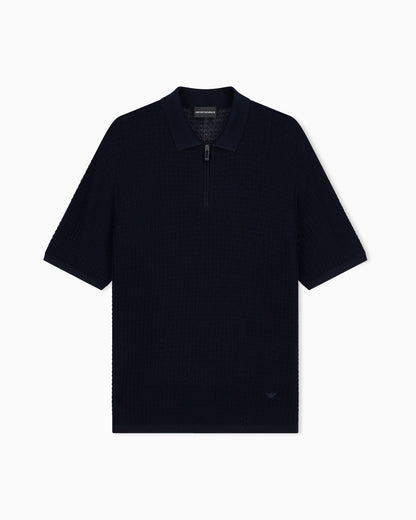 Polo collar sweater in wool and lyocell blend with patterned knit