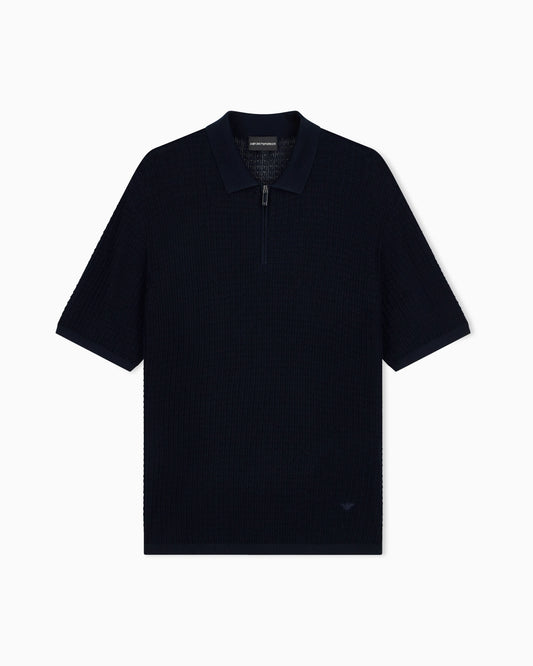 Polo collar sweater in wool and lyocell blend with patterned knit