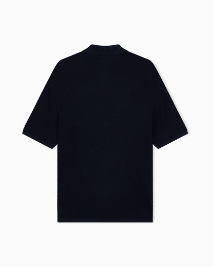 Polo collar sweater in wool and lyocell blend with patterned knit