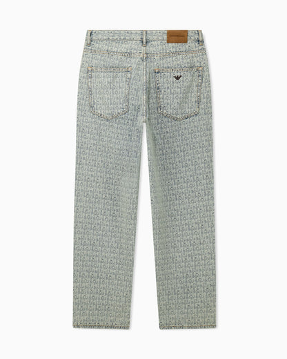 Five-pocket jacquard denim jeans with a monogram pattern