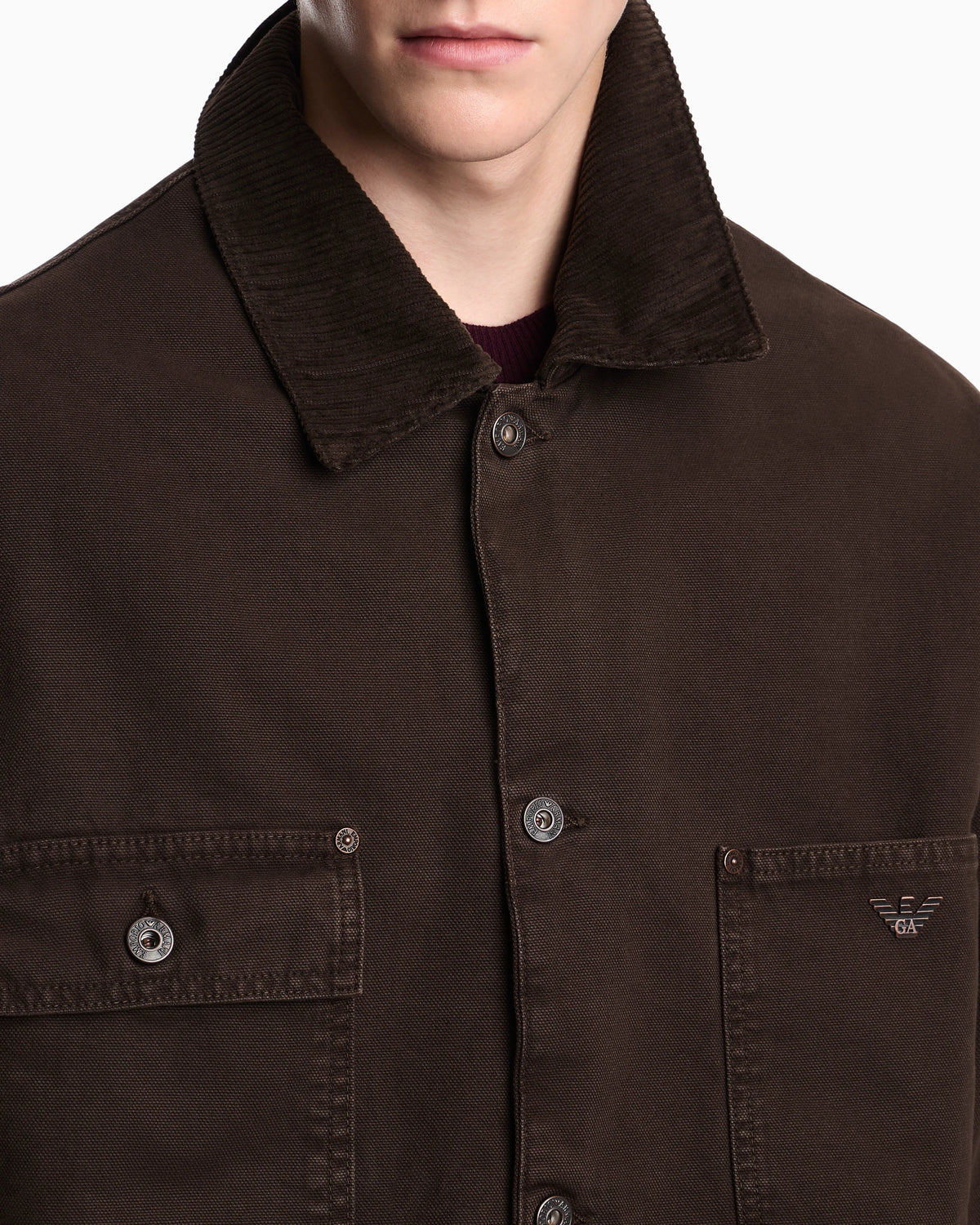 Cotton caban coat with a corduroy collar and patch pockets