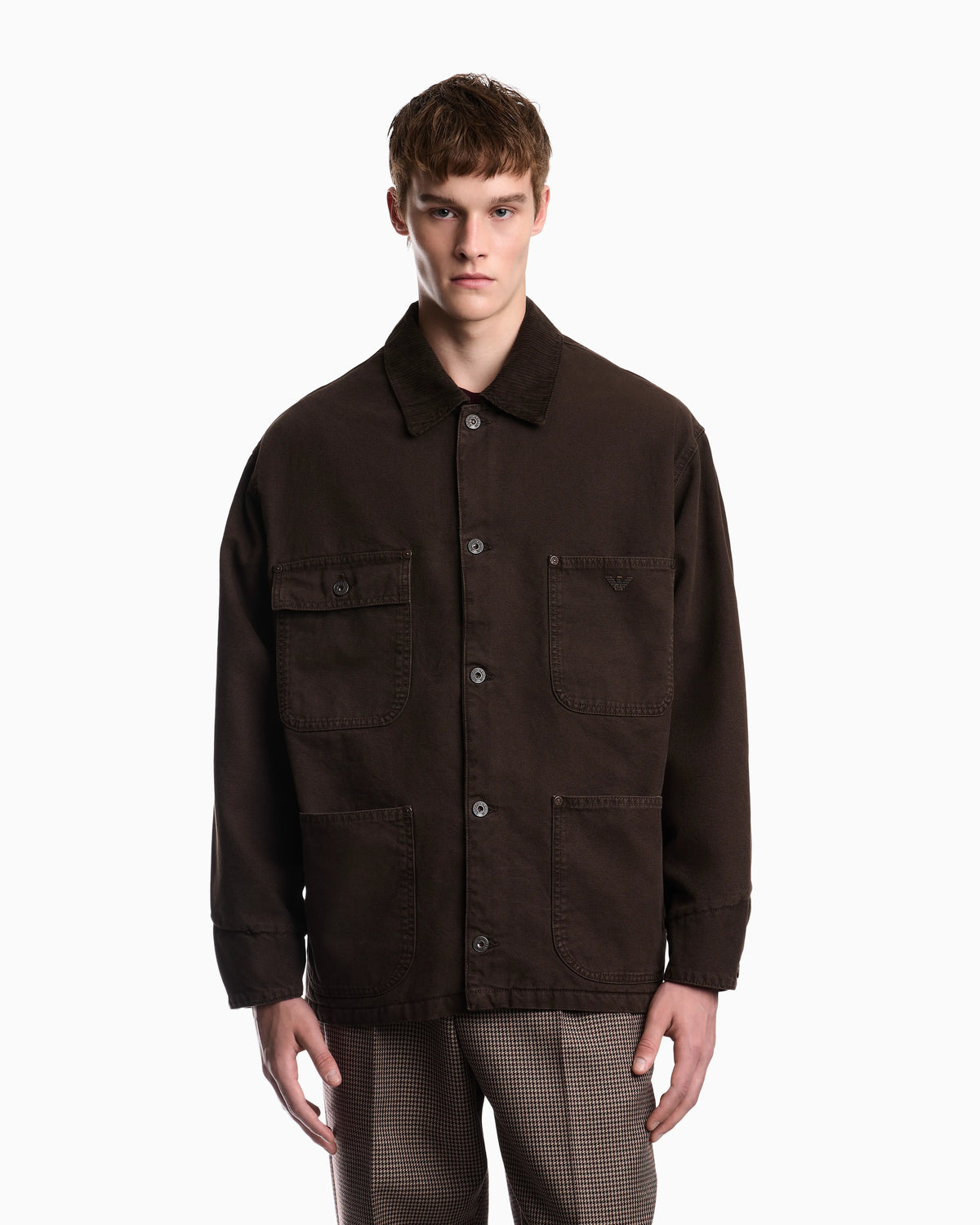 Cotton caban coat with a corduroy collar and patch pockets