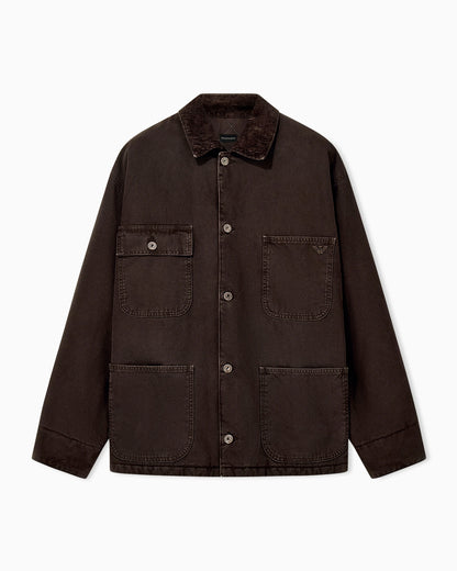 Cotton caban coat with a corduroy collar and patch pockets