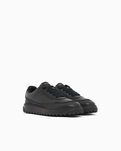 Smooth leather lace-up sneakers with a textured rubber sole