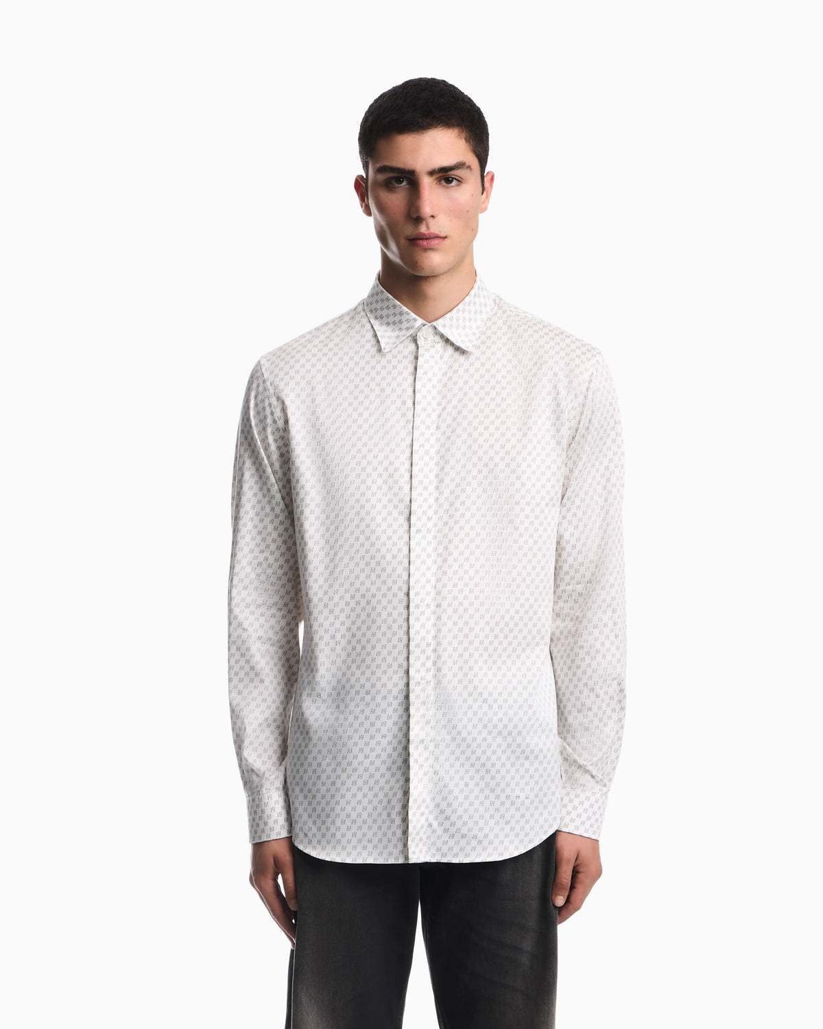 Shirt in allover print cotton satin with regular fit
