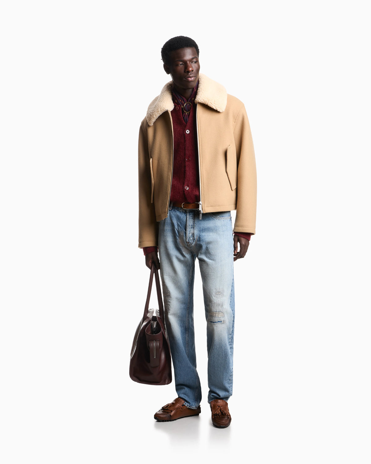 Blouson jacket in virgin wool with a shearling collar