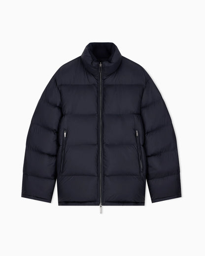 Down jacket in virgin wool and viscose twill