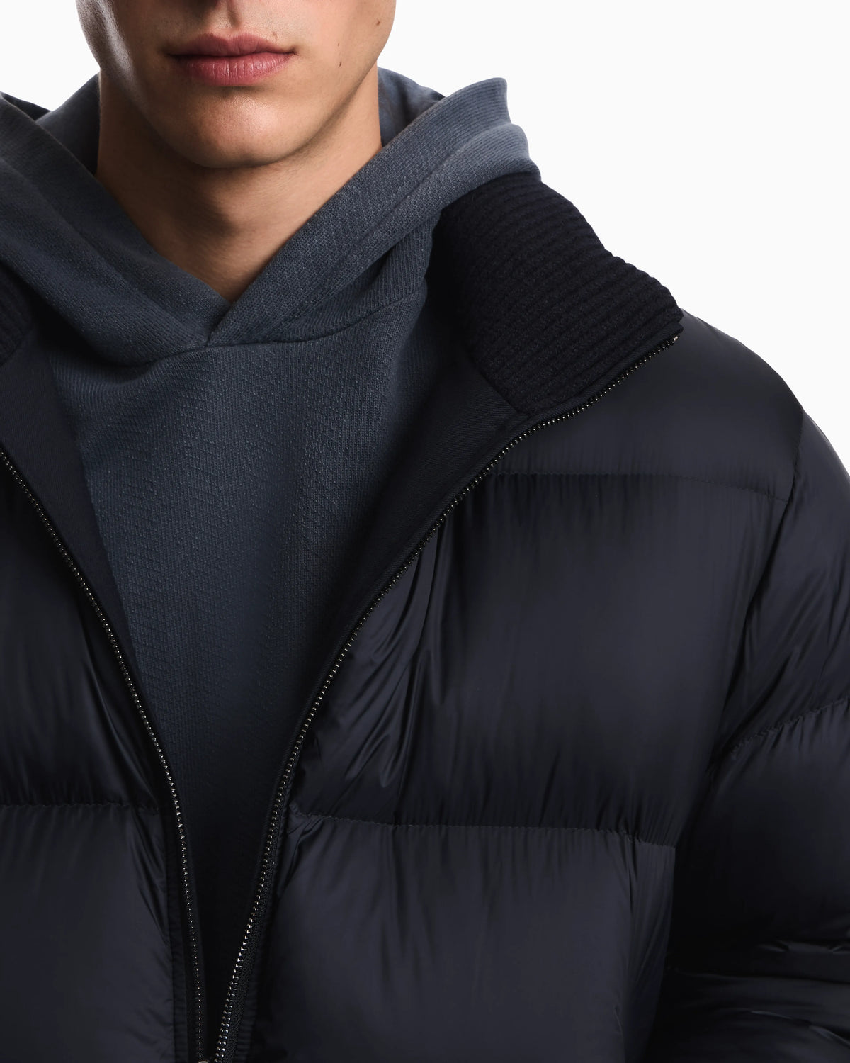 Down jacket in virgin wool and viscose twill