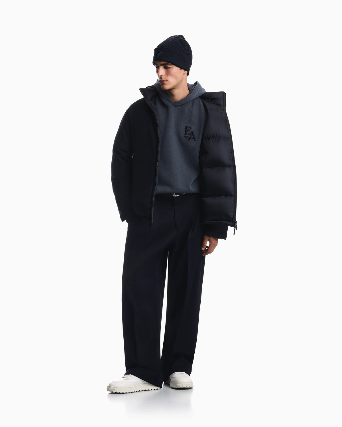 Down jacket in virgin wool and viscose twill