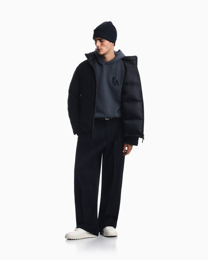 Down jacket in virgin wool and viscose twill