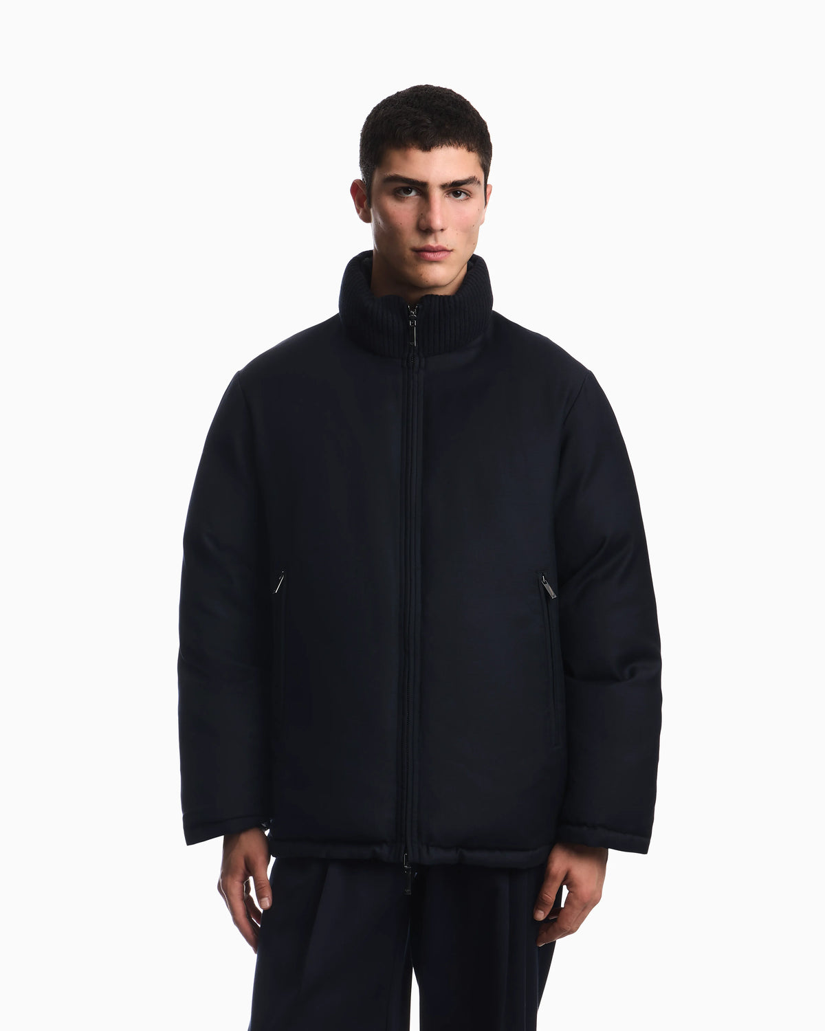 Down jacket in virgin wool and viscose twill
