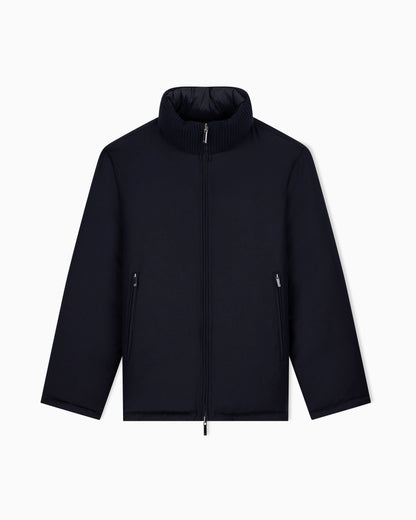 Down jacket in virgin wool and viscose twill