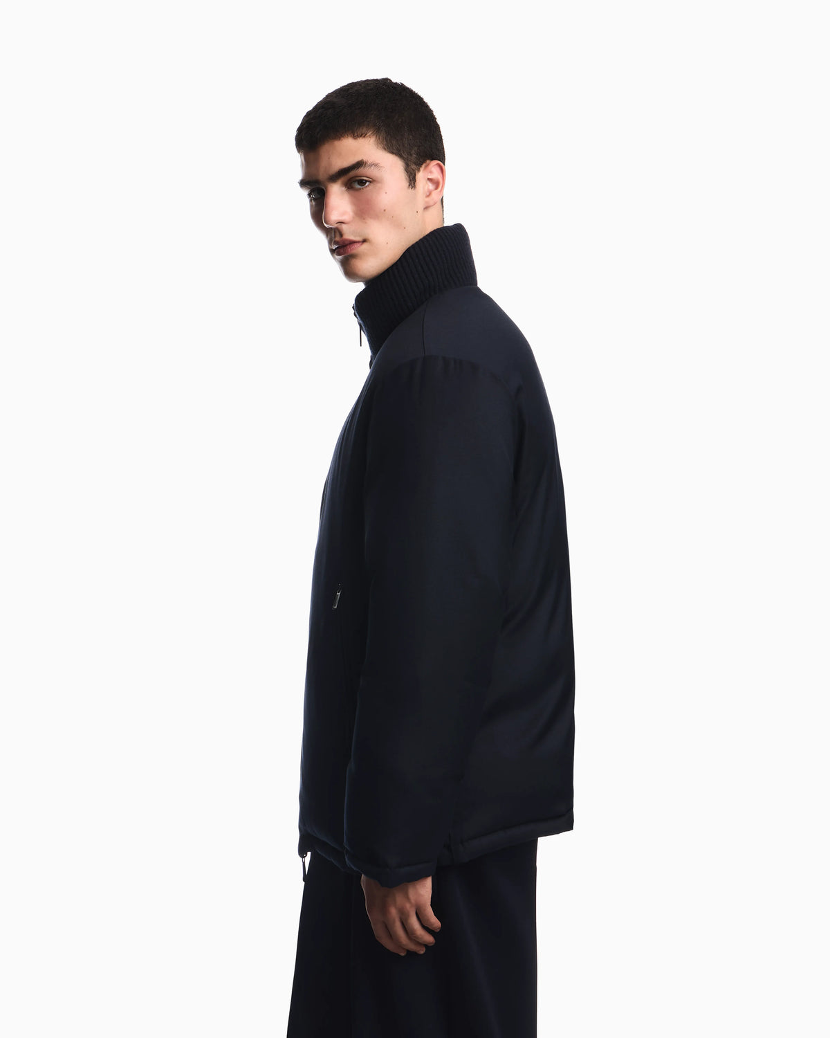 Down jacket in virgin wool and viscose twill