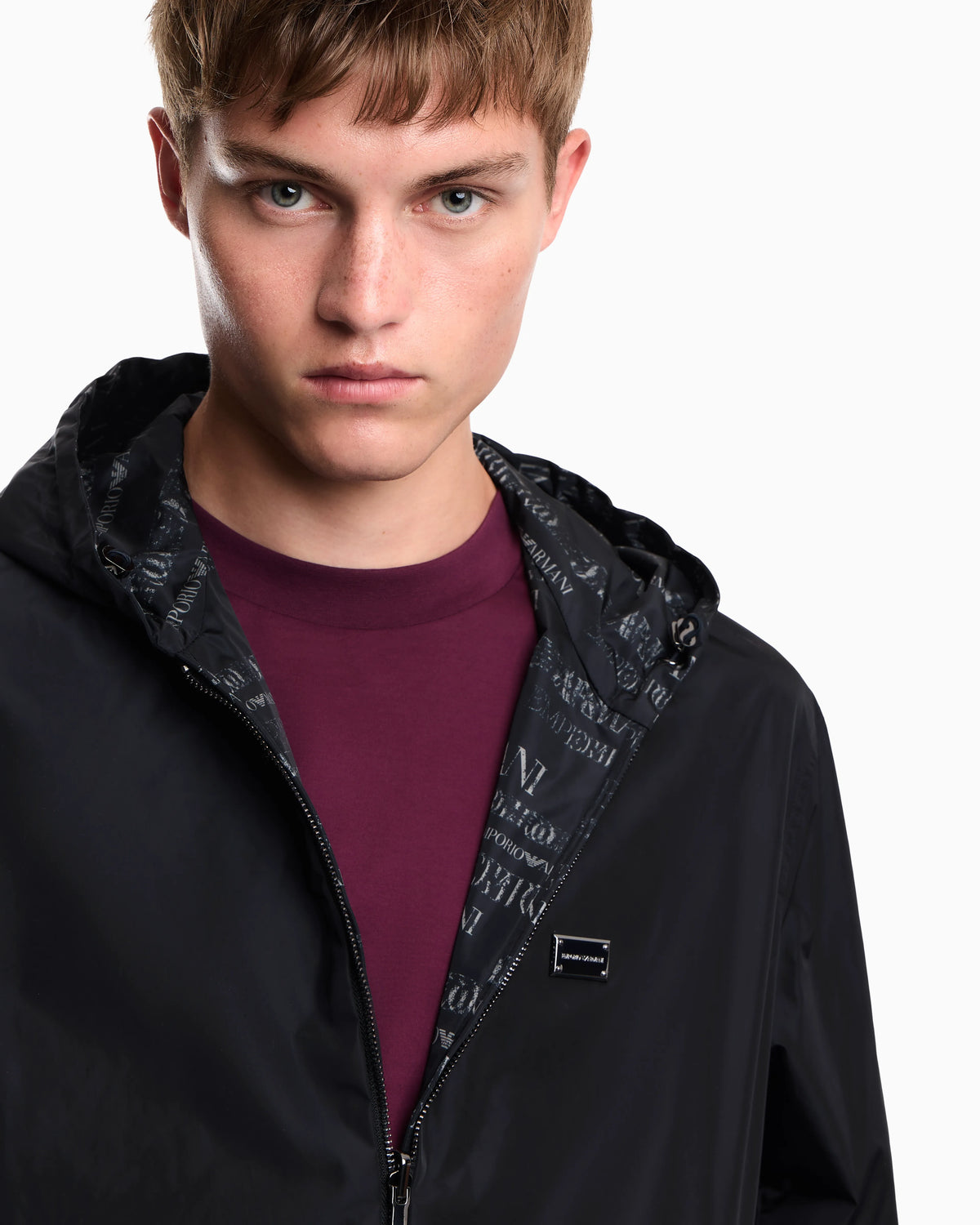Hooded blouson jacket with a zip and an all-over print