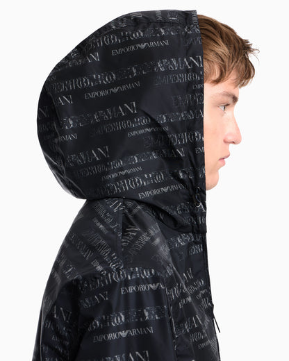 Hooded blouson jacket with a zip and an all-over print