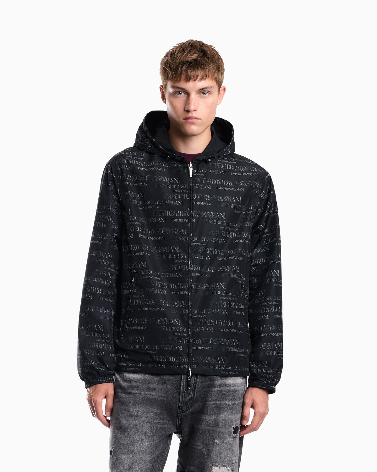 Hooded blouson jacket with a zip and an all-over print