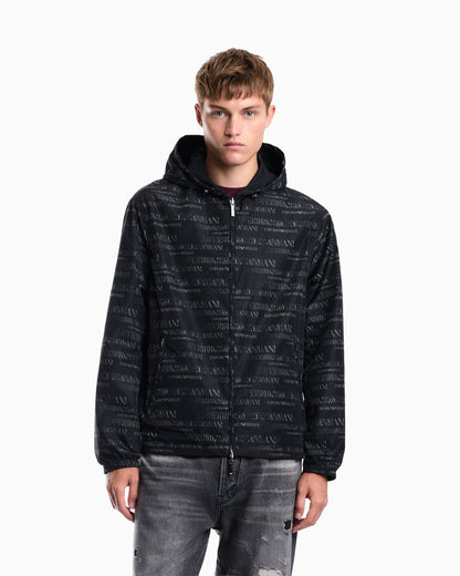 Hooded blouson jacket with a zip and an all-over print