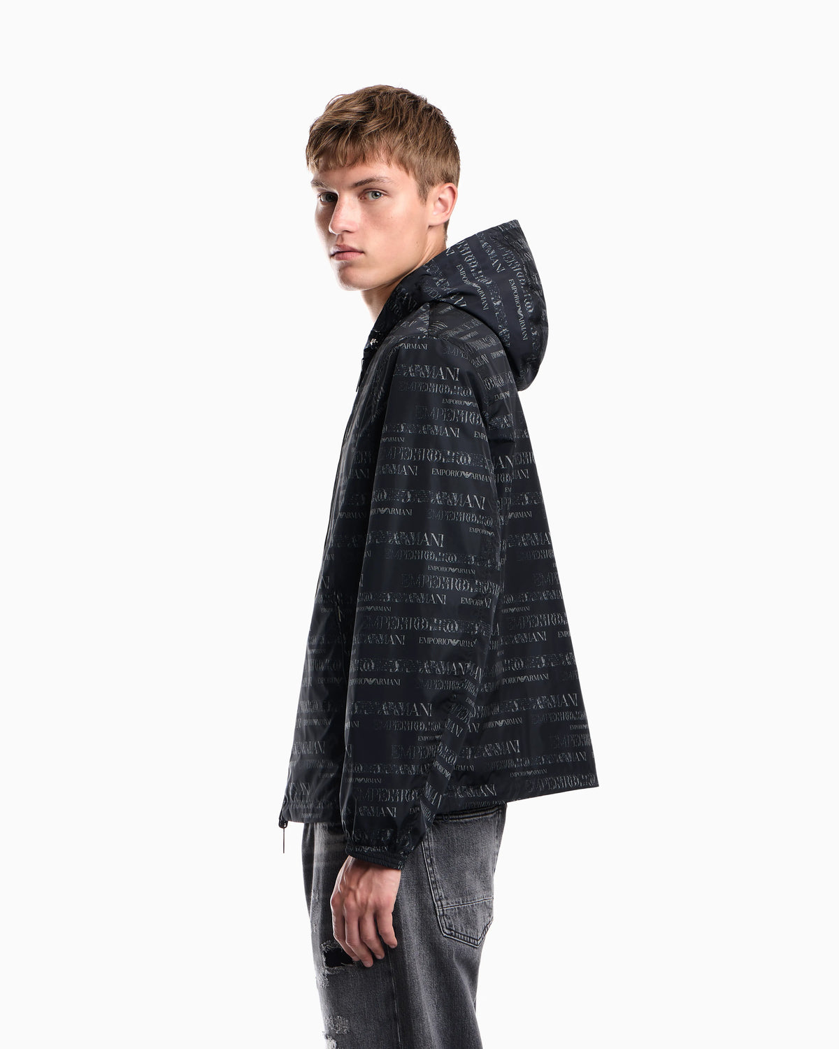 Hooded blouson jacket with a zip and an all-over print