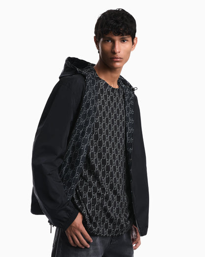 Hooded blouson jacket with a zip and an all-over print