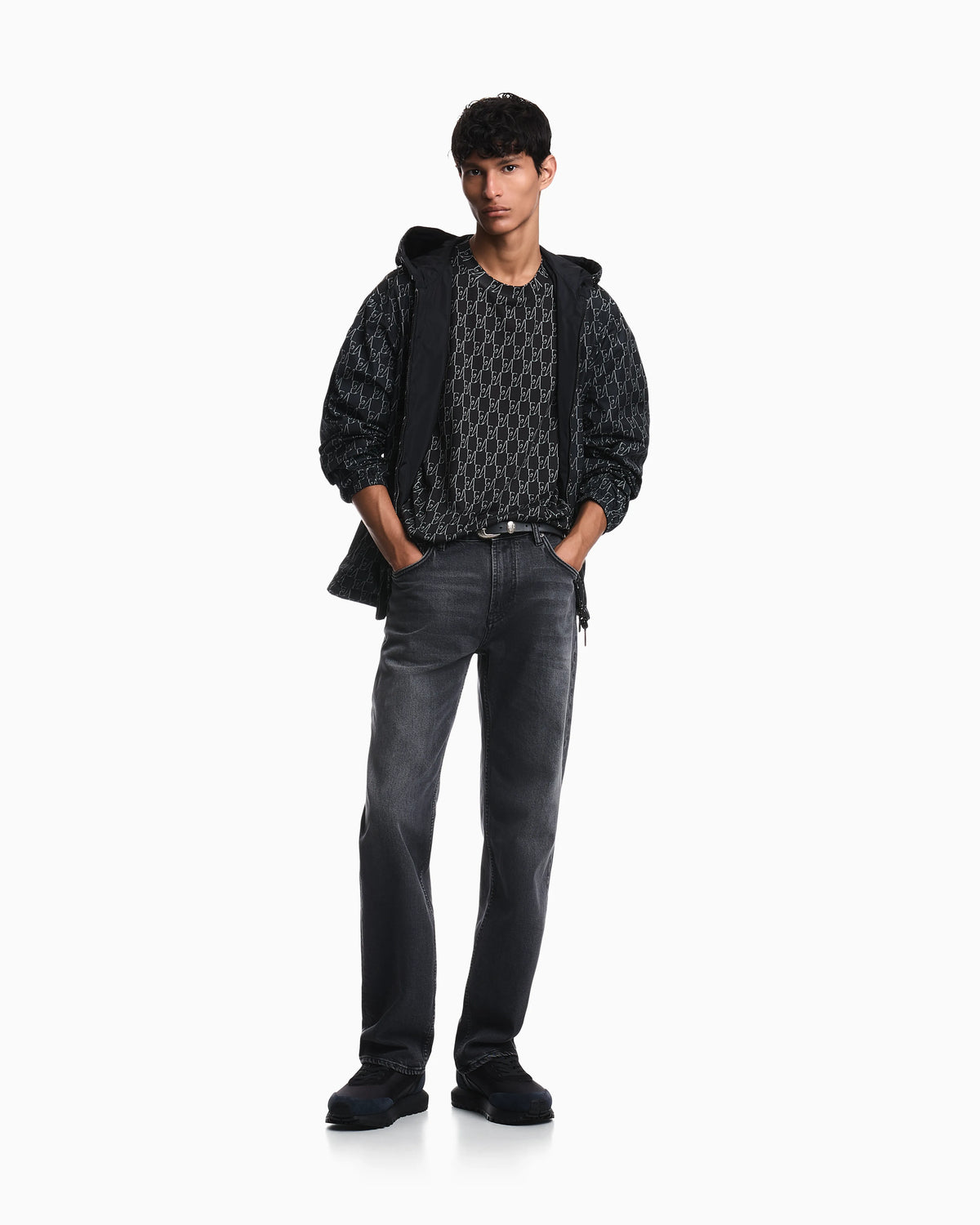Hooded blouson jacket with a zip and an all-over print