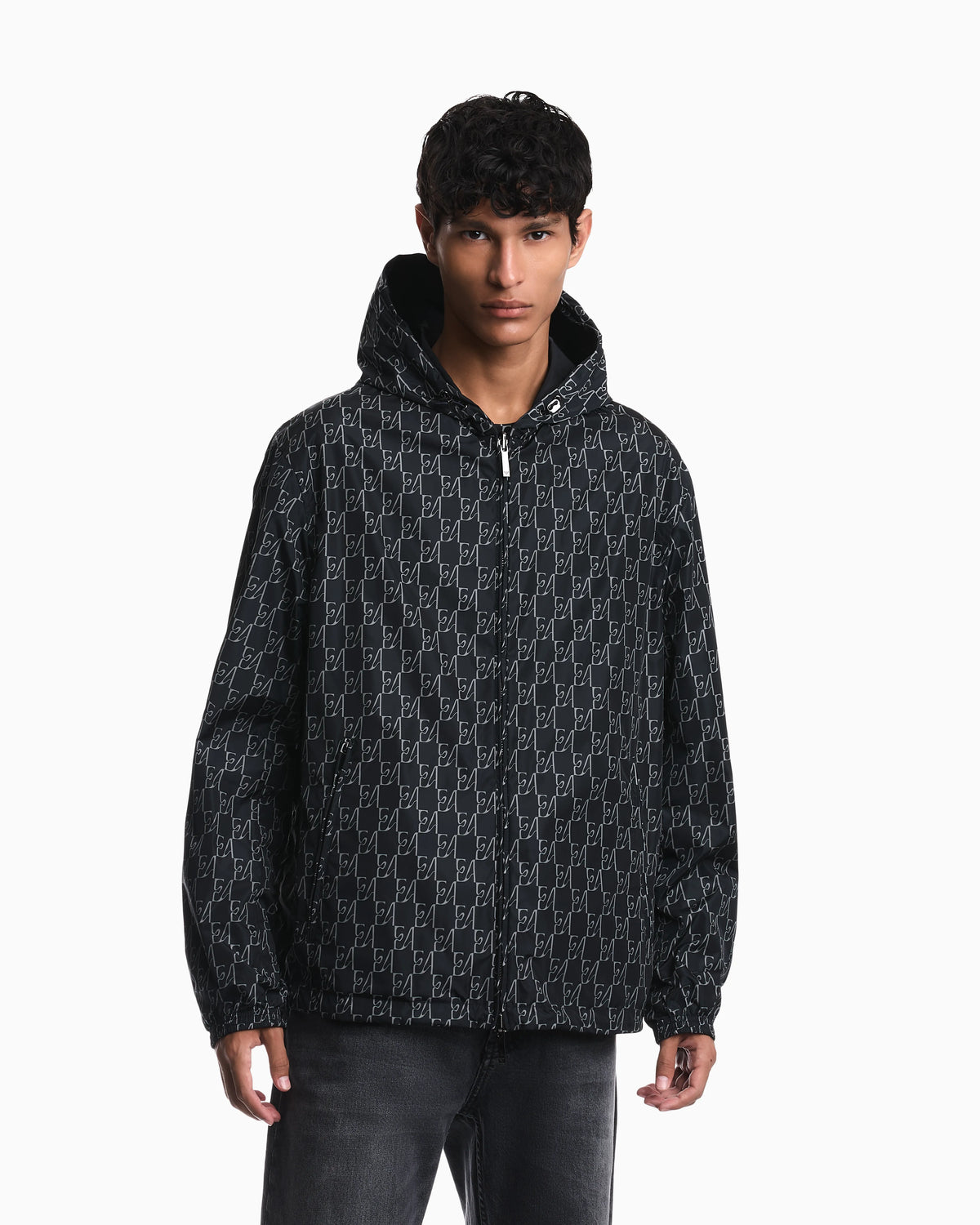 Hooded blouson jacket with a zip and an all-over print
