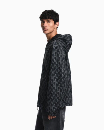 Hooded blouson jacket with a zip and an all-over print