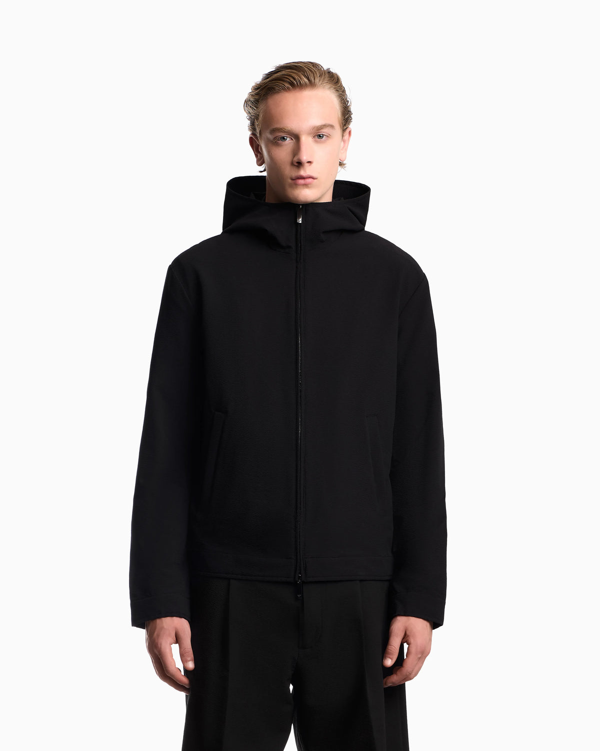 Blouson jacket seersucker with down and feather padding