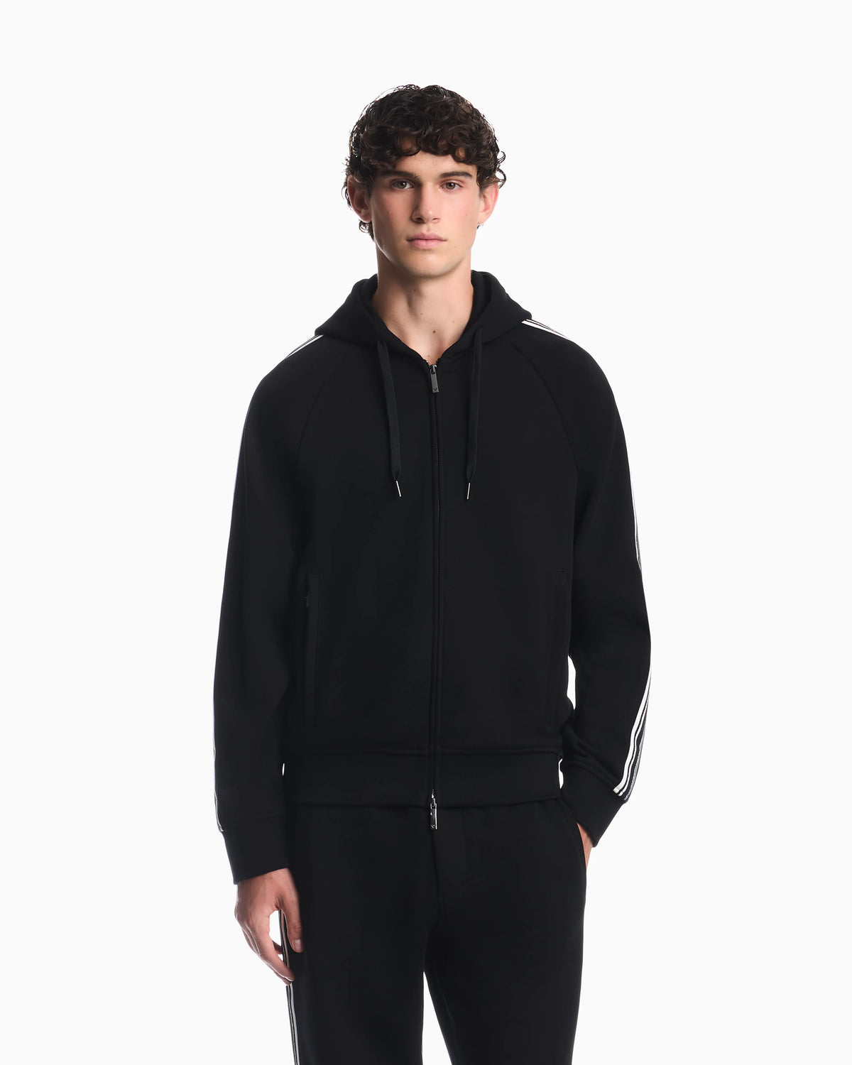 Hooded zip sweatshirt with french terry jersey stripes