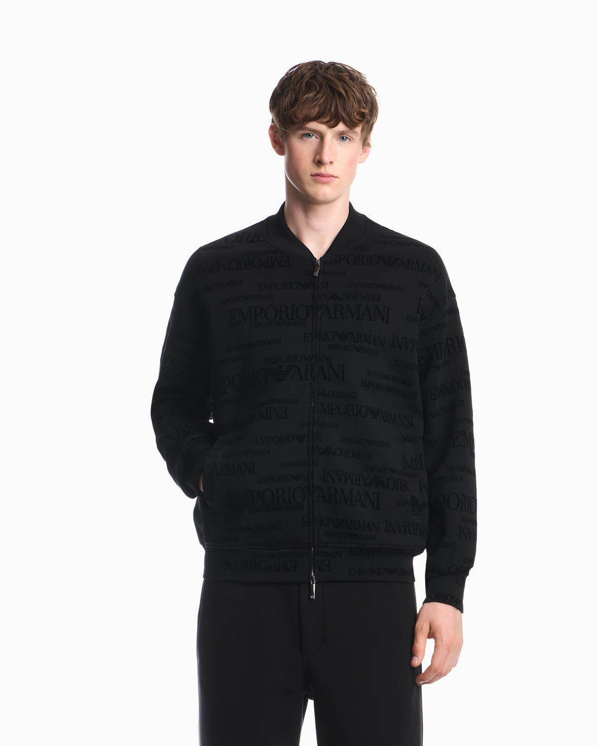 Zip-up sweatshirt in double jersey with all-over flocked logo