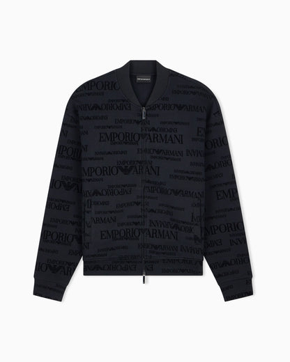 Zip-up sweatshirt in double jersey with all-over flocked logo